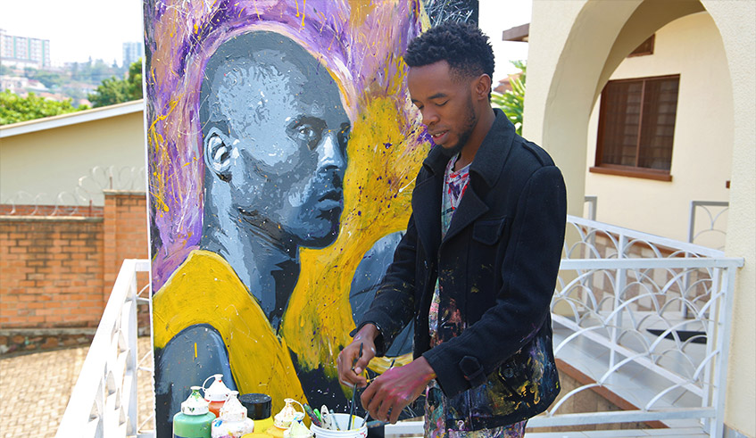 Remmy Iradukunda a live painter has learned to cope with the pandemic by staging small art sessions. / Courtesy photos.