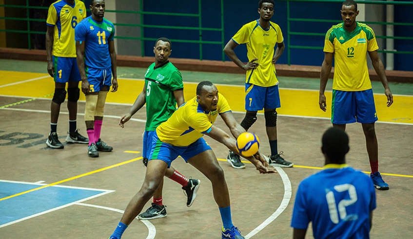 National Volleyball team players during a training session at Amahoro stadium last month. Head coach Paulo De Tarso Milagres is expected to announce the final squad of 14 players to play in the Africa Cup of Nations before Thursday. / Photo: Dan Nsengiyumva.