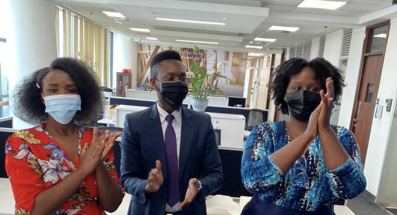 L-R: Nadine Mbabazi (moderator), Digital and Card Channels Officer; Augustine Neto, Head of Human Resources; and Deborah Gasatura (speaker), Human Resources Officer.