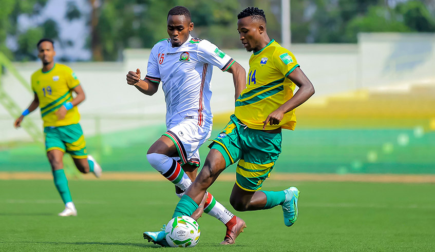 Amavubi striker Lague Byiringiro with the ball duringu00a0 the 1-1 draw against Kenyau2019s Harambee Stars onu00a0 Sunday, September 5 at Kigali Stadium. / Courtesy.