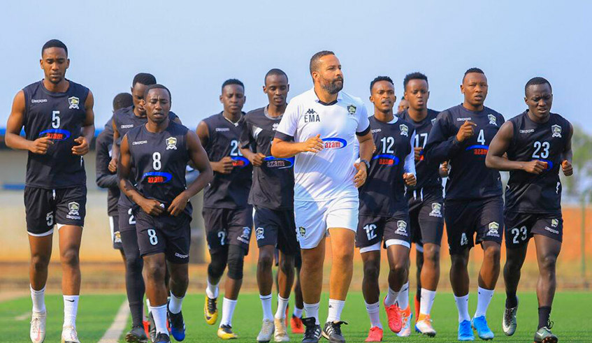 APR FC players during a training session ahead of their match against Mogadishu City Club in the first leg of the CAF Champions League preliminary round. The team departs tomorrow. / Photo: Courtesy.