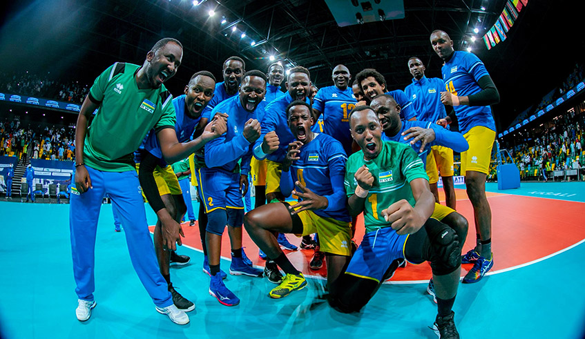 Rwandan players celebrate after beating Burkina Faso to secure a spot into the quarter-finals of the Volleyball African Nations Championships at Kigali Arena on Thursday. / Courtesy