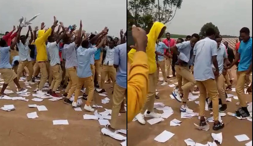 Screengrabs of a group of students dancing and tearing notebooks after finishing national examinations in Southern Province on July 29. / Photo: Courtesy.