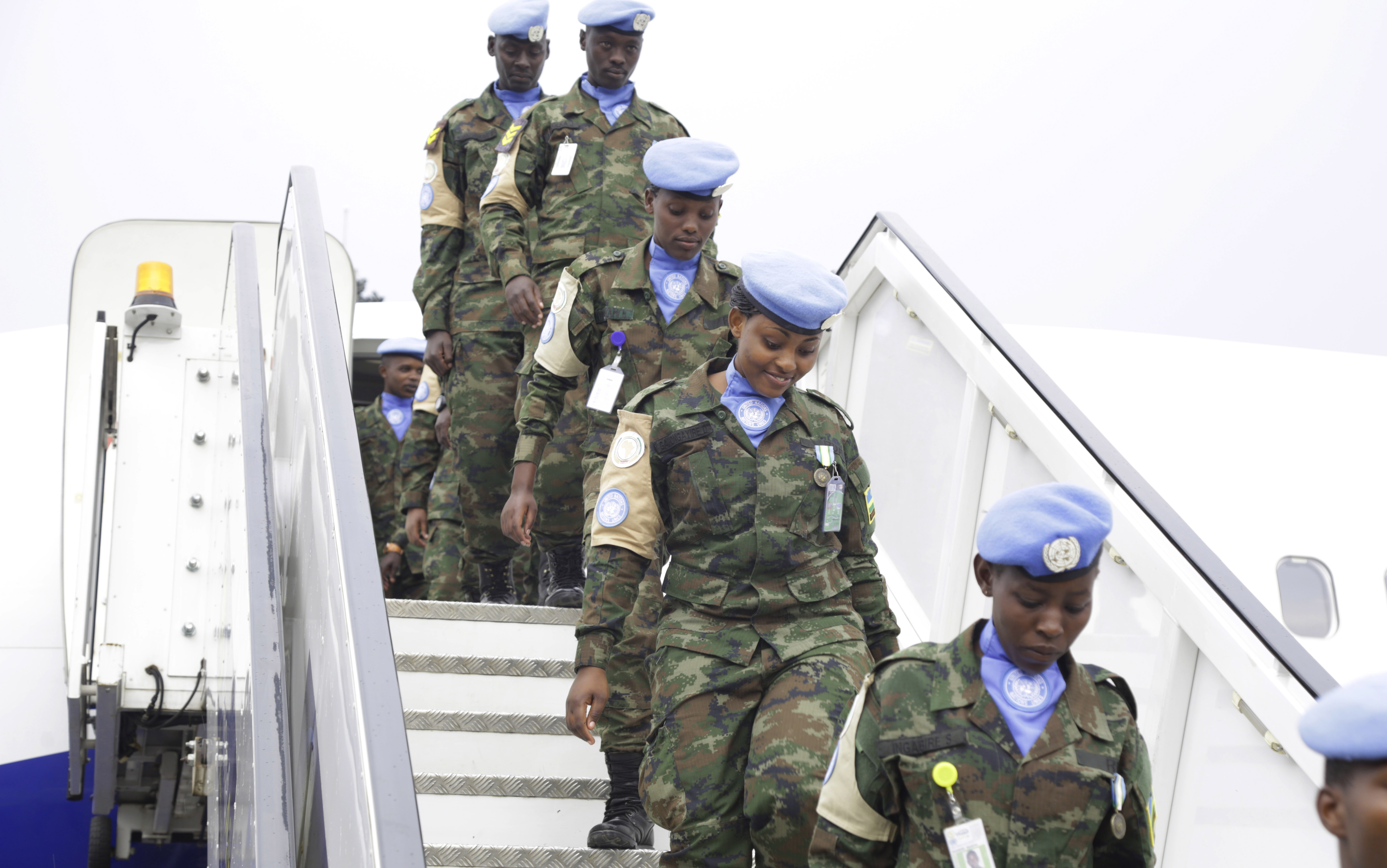 Some women soldiers of Rwanda Defense Force arrive at Kigali International Airport from peacekeeping mission in Darfur in 2019. 