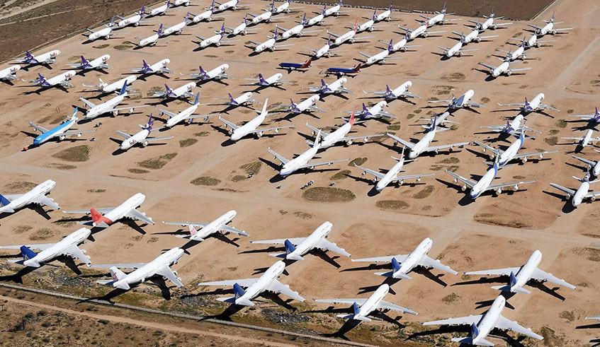 Parked airlines during lockdown. Apart from health, the pandemic has had an enormous impact on travel, with a number of airlines heavily reducing their flight schedules, and a large number of them also closing down. / Net photo.