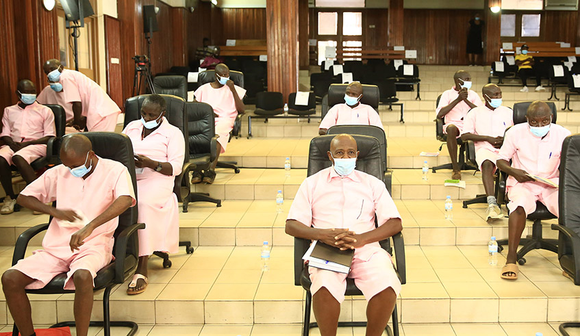 Suspects in the MRCD-FLN trial in the Supreme Court chambers during the substantive trial. During the closing arguments in June, majority of them reiterated their guilty plea which they said should be considered as a mitigating factor to warrant a lesser sentence. / Photo: Sam Ngendahimana. 