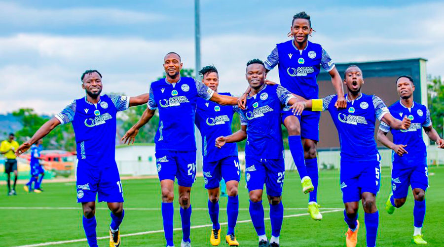 AS Kigali players celebrate a goal during their victory against Olympique de Missiri on Saturday. The City of Kigali won the tie 6-0 and qualified for the first round of the 2021 CAF Confederation Cup. 