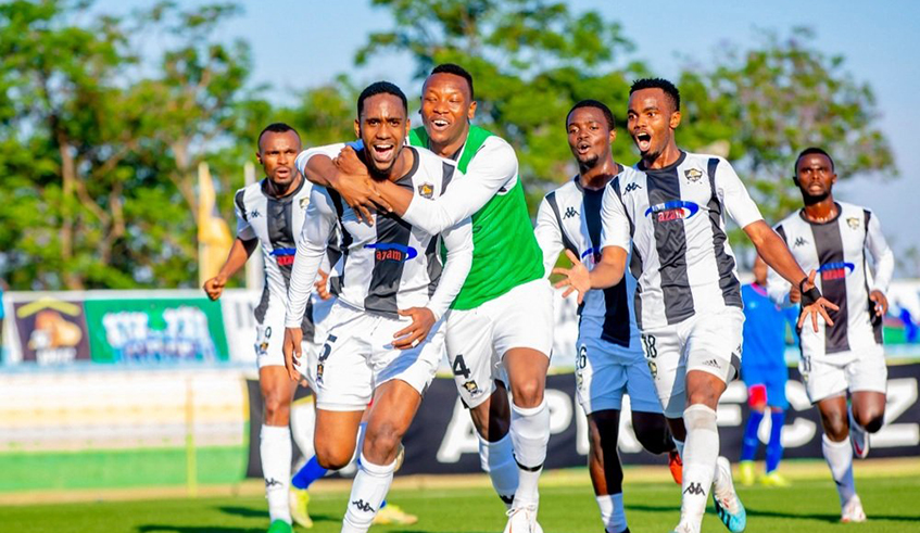 APR FC players celebrate the second  goal against Mogadishu City Club during their 2-1 win at  Kigali Stadium on September 19. / Courtesy.