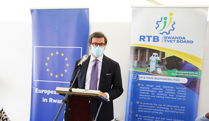 Ambassador Nicola Bellomo, Head of Delegation of the European Union to Rwanda delivers Rwanda TVET Board (RTB) has signed a Rwf5.7 billion agreement with the European Union (EU) to produce a qualified labour force .