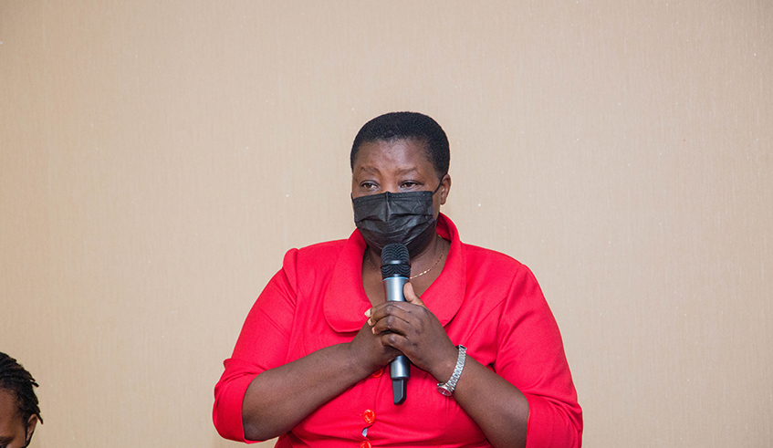 Caritas Mukandasira, Deputy Chief Gender Monitor delivering her remarks during the workshop at Lemigo hotel on September 30, 2021. / Dan Nsengiyumva