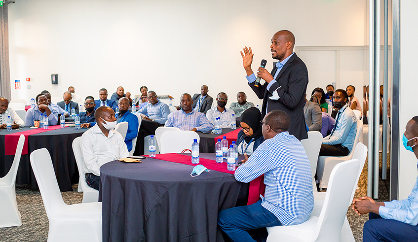 One of the customers makes a point during the meeting with Banque Populaire du Rwanda senior management team during the celebration of Customer Service Week. / Photo: Courtesy.