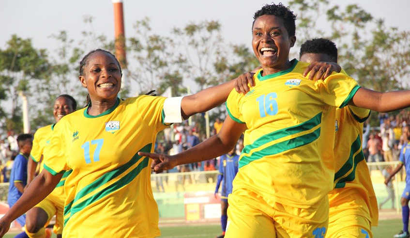 The national women football team players celebrate a goal in 2019. Rwanda has pulled out of the upcoming qualifiers for the womenu2019s African Nations Cup due to lack of enough competitiveness. / File.