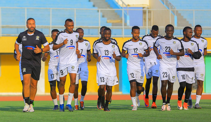 APR FC head coach Adil Errade Mohamed (L) trains with the squad recently. The Moroccan coach is confident of a good outing against Etoile Sportive du Sahel in the first leg of the first round of the CAF championsu2019 league on Saturday. / Photo: Courtesy.