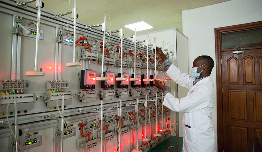 A technician demonstrates how the new electronic laboratory functions at Rwanda Standard Board offices in Kicukiro District on Thursday, October 14, 2021. The products targeted include electrical cables, solar panels, batteries for electric vehicles, and electric motorcycle. Photo: Dan Nsengiyumva. A technician demonstrates how the new electronic laboratory functions at Rwanda Standard Board offices in Kicukiro District on Thursday, October 14, 2021. The products targeted include electrical cables, solar panels, batteries for electric vehicles, and electric motorcycle. Photo: Dan Nsengiyumva.