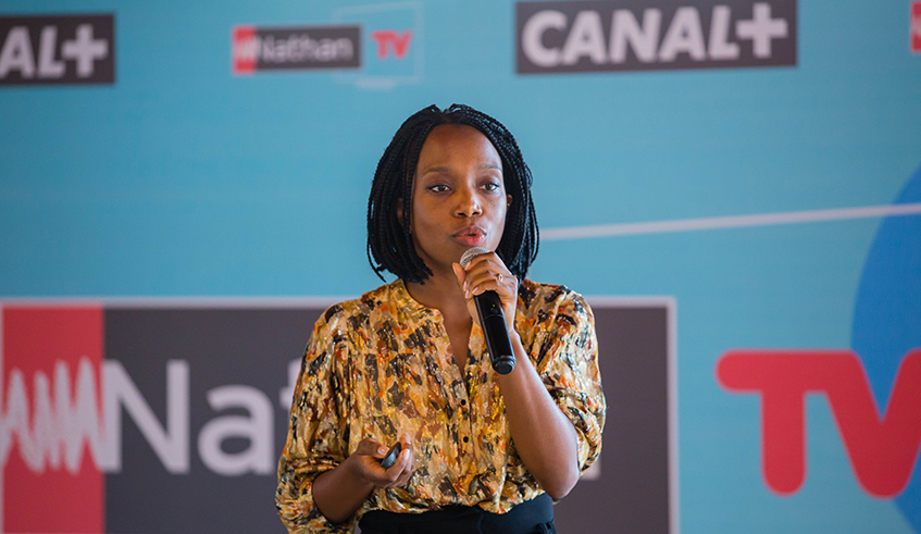 Sophie Tchatchoua the Managing Director of Canal Plus Rwanda addresses the event during the launch of Nathan TV on October 19, 2021. / Photo: Dan Nsengiyumva 