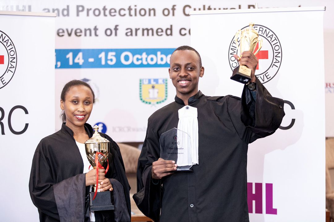 ULK's Samuel Ngoga and Denise Isimbi, winners of the fifth national moot court competition on International Humanitarian Law (IHL). 