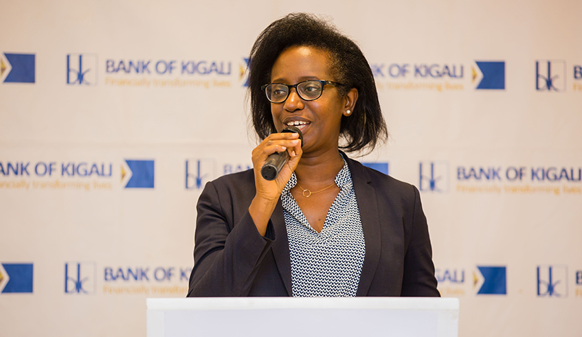 Dr. Diane Karusisi, Bank of Kigaliu2019s Chief Executive Officer delivering her remarks during the ceremony of launching Intore Learning Community on October 21, 2021. / Dan Nsengiyumva