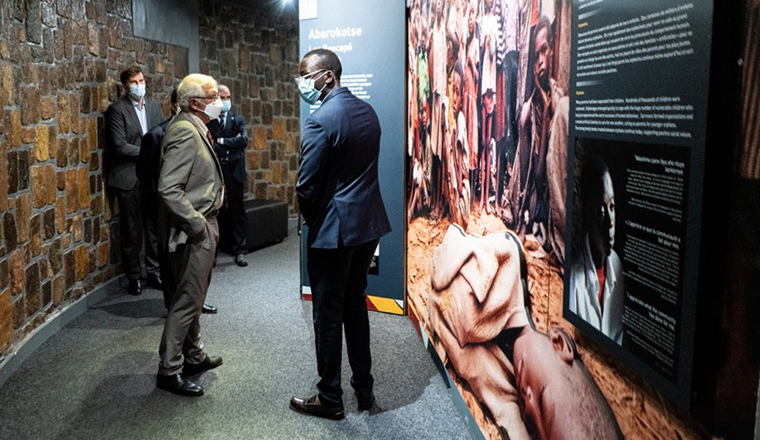 Josep Borrell (left) and members of the European Union delegation are taken through the history of the 1994 Genocide against the Tutsi at Kigali Genocide Memorial on October 25. / Photo: Courtesy.