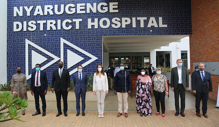 The Belgian Deputy Prime Minister and  foreign minister Sophie Wilmu00e8s, flanked with other officials pose for a group photo after visiting the Hospital. / Photo by Craish Bahizi