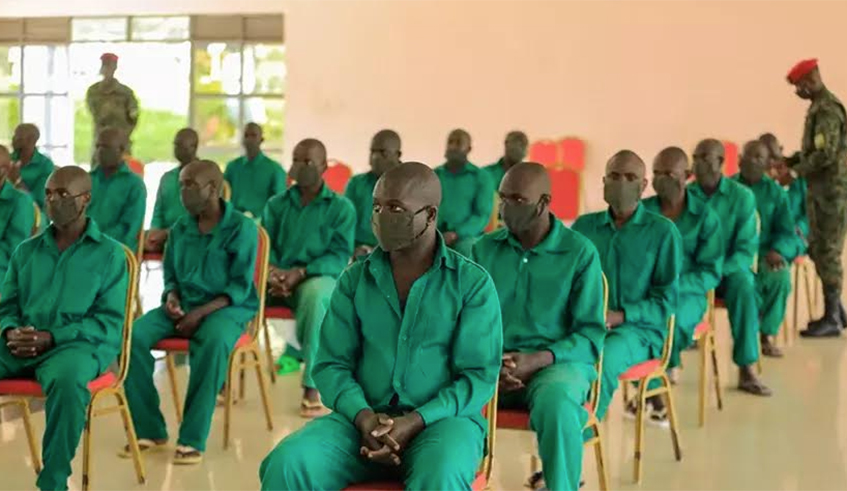 Terror suspects linked to the RUD-Urunana and P5 militia groups appear before the Military High Court in Nyarugunga on Tuesday, May 4. The suspects are linked to terror attacks against citizens in Musanze District in 2019. / Dan Nsengiyumva