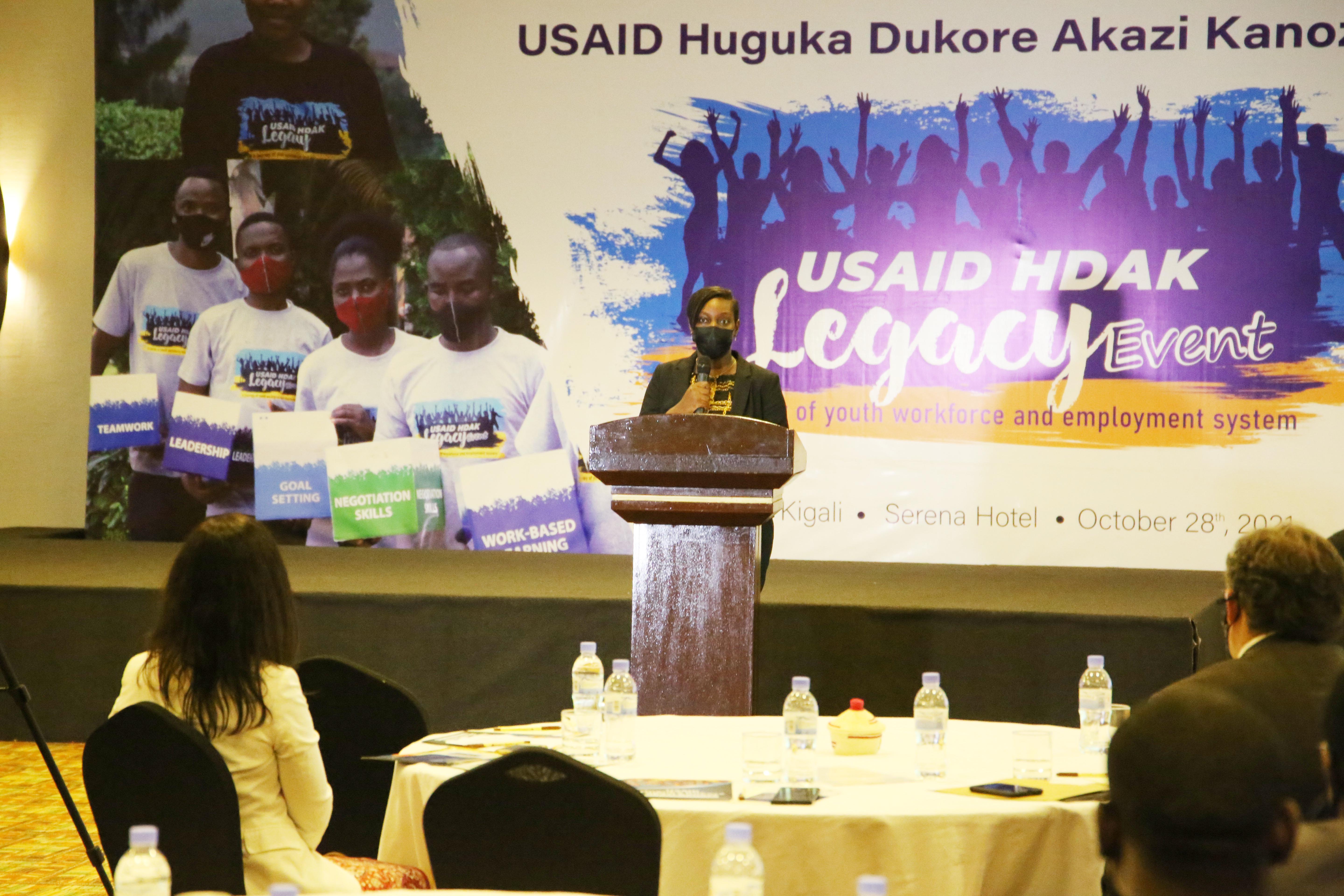 Minister of State in charge of ICT and TVET,Claudette Irere delivers remarks  during  the celebration of the USAID-funded Huguka Dukore Akazi Kanoze project on October 28. Craish Bahizi