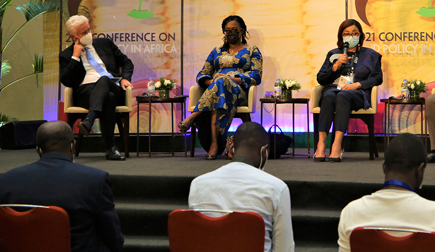 L-R: Amb. Thomas Kurz, Germanyu2019s envoy to Rwanda; Mama Keita, the Director of UNECA sub-regional office for East Africa; and  Josefa Sacko, African Union Commissioner for Rural Economy and Agriculture, on a panel during the fourth edition of the Conference on Land Policy in Africa, in Kigali on Monday, November 1. 