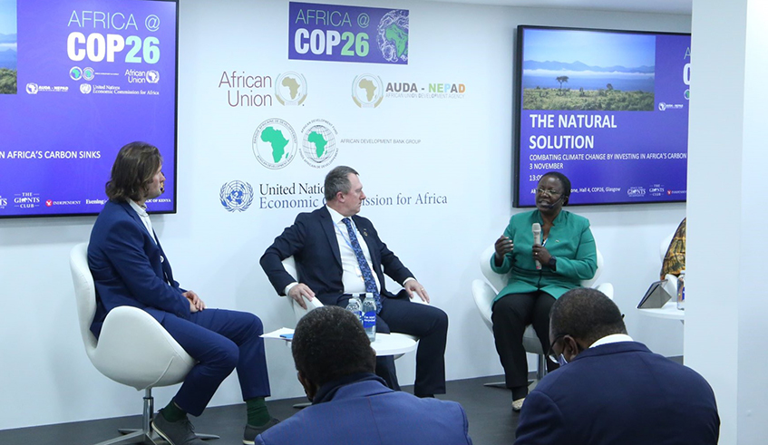 Environment minister Jeanne du2019Arc Mujawamariya (right) speaks on a panel at a sideline event of the ongoing 26th UN climate conference in Glasgow, Scotland. / Photo: Courtesy