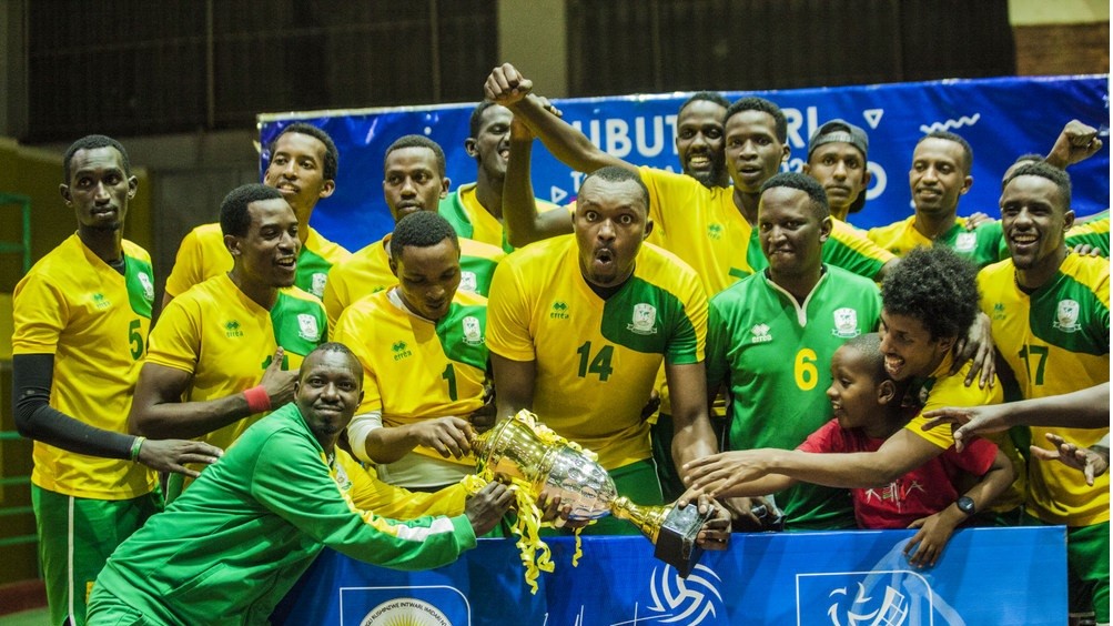 The University of Tourism, Technology and Business Studies (UTB) men's volleyball players celebrate after beating Rwanda Energy Group to retain the Heroes Cup at Amahoro Stadium last year. Net photo