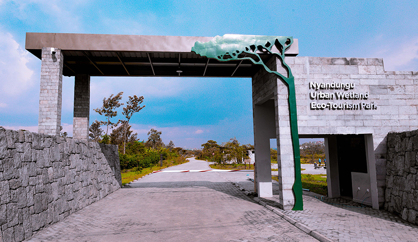 The entrance of Nyandungu Urban Wetland Eco-Tourism Park which is set to be opened on December 1. The park boasts of walkways and cycling lanes stretching for over eight kilometres. Among the key features is the papal garden set where Pope John Paul II delivered his homily when he visited Rwanda 30 years ago. / Photo: Courtesy.