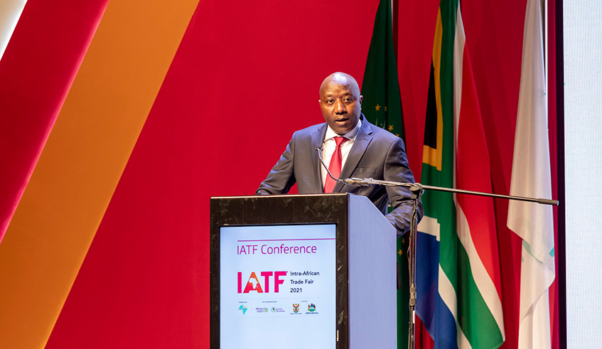 Prime Minister Edouard Ngirente delivers remarks at the opening of the ongoing Intra-Africa Trade Fair in Durban, South Africa Monday, November 15. / Courtesy
