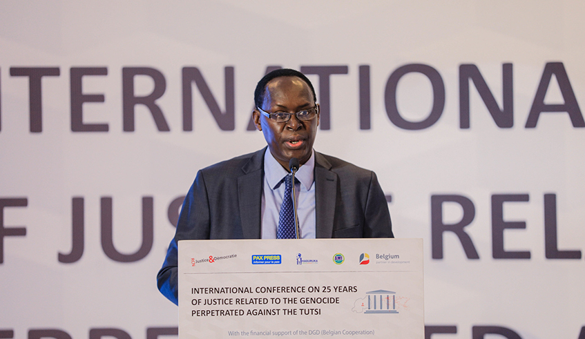 Chief Justice of Rwanda Faustin Ntezilyayo delivers remarks  during the International Conference on 25 years of Justice related to the Genocide in Kigali on November 17, 2021. / Dan Nsengiyumva