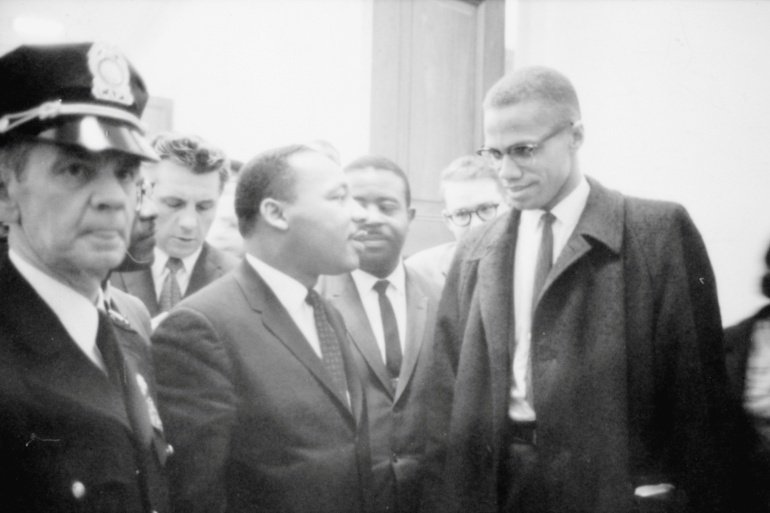 Malcolm X (right) with Martin Luther King Jr (centre) at a press conference in 1964. Malcolm would be killed less than a year later. King, too, was assassinated in 1968. 