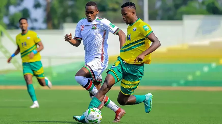 Amavubi striker Lague Byiringiro with the ball during  the 1-1 draw against Kenyau2019s Harambee Stars on  Sunday, September 5 at Kigali Stadium. 