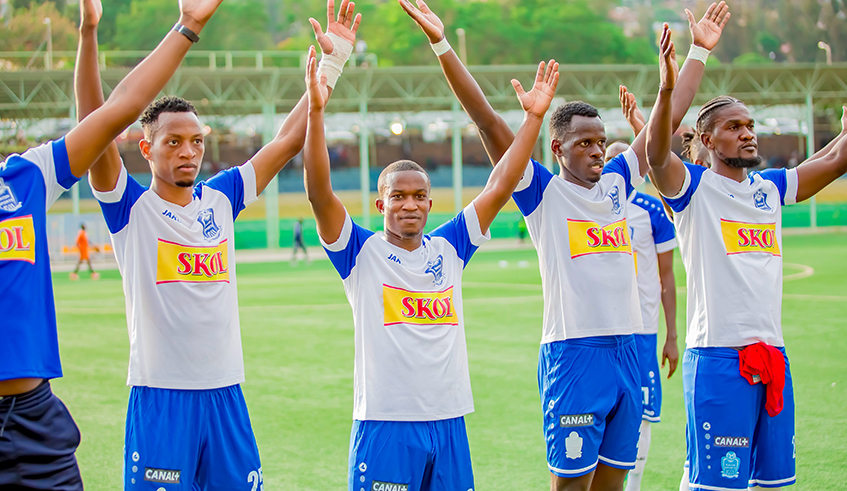 Rayon Sports players thank their supporters after beating Bugesera at Kigali Stadium last week . / Courtesy