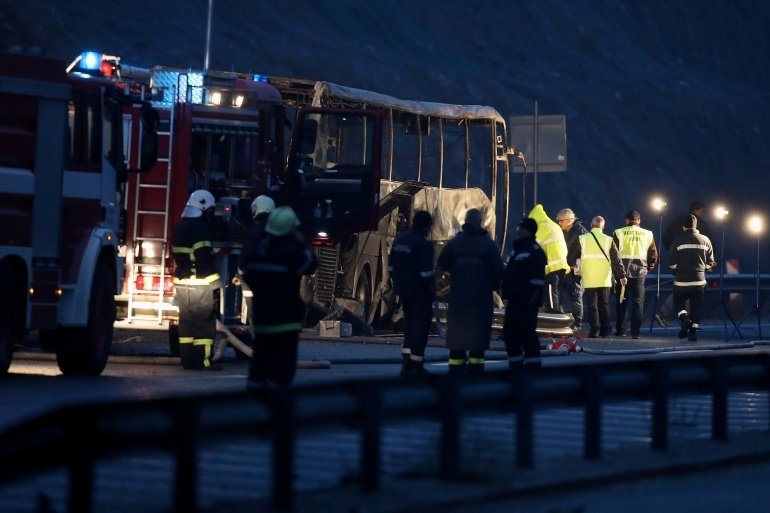 A photo shows the site where at least 45 people were killed in a bus accident near Sofia. 