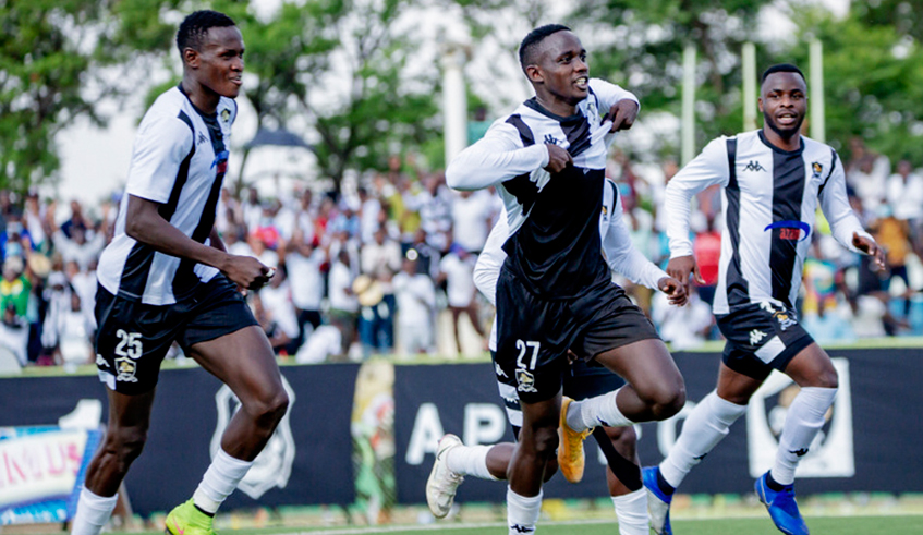 APR FC players celebrate a goal during their 2-1 win against Rayon Sports at Kigali Stadium on November 23. The army side has now gone 40 matches unbeaten in the league. / Courtesy