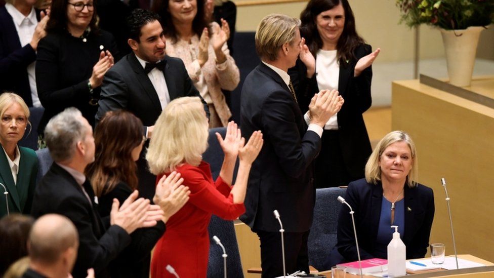 Many MPs gave Magdalena Andersson (right) a standing ovation in the Riksdag earlier on Wednesday. 