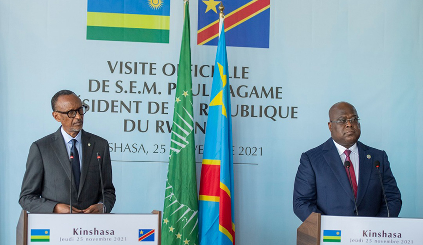 President Kagame and his DR Congo counterpart Fu00e9lix Tshisekedi after bilateral talks held on the margins of the Menu2019s Conference on Positive Masculinity hosted by President Tshisekedi in Kinshasa on Thursday, November 25. / Photo: Village Urugwiro.