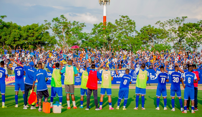 Rayon Sports players cheer on fans after the 1-2 match against APR FC at Kigali Stadium last week. / Courtesy