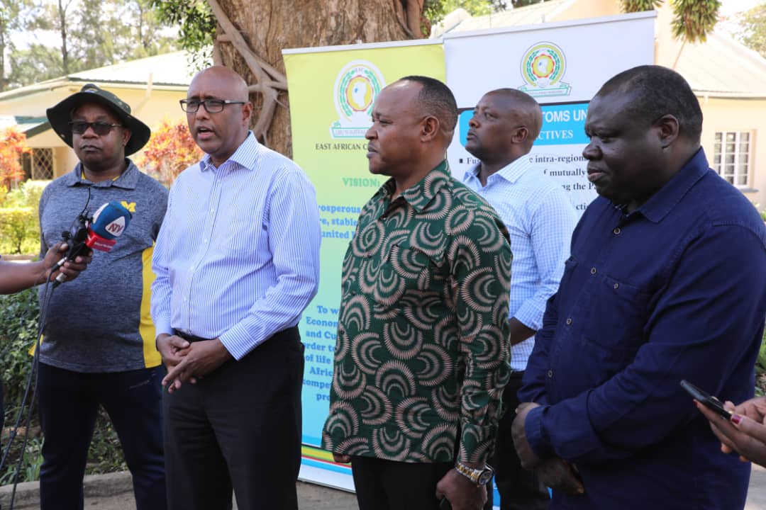 Adan Mohamed, Chairperson of the EAC Council of Ministers, addressed the media in the company of Ezechiel Nibigira, Burundiu2019s Minister for EAC Affairs, Peter Mathuki, EAC Secretary General, and Christophe Bazivamo, EAC Deputy Secretary General in charge of Productive and Social Sectors. / Courtesy