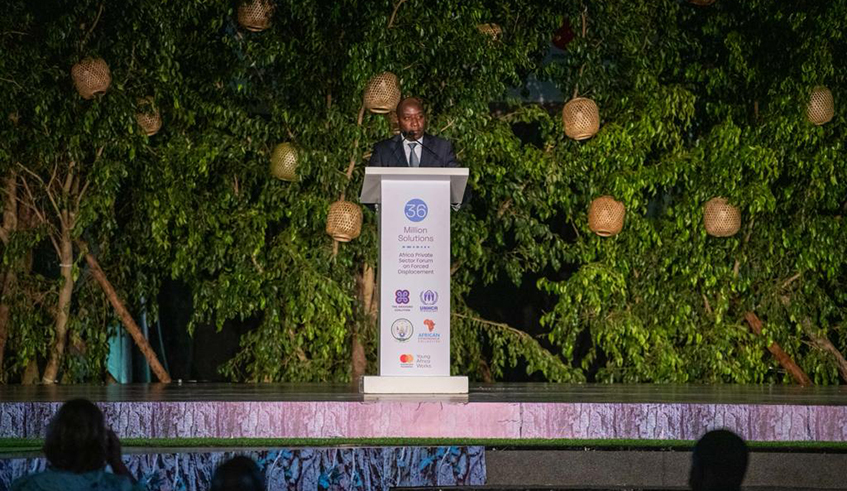Edouard Ngirente, Prime Minister delivers remarks during the inaugural Africa Private Sector Forum on Forced Displacement on November 30. Courtesy