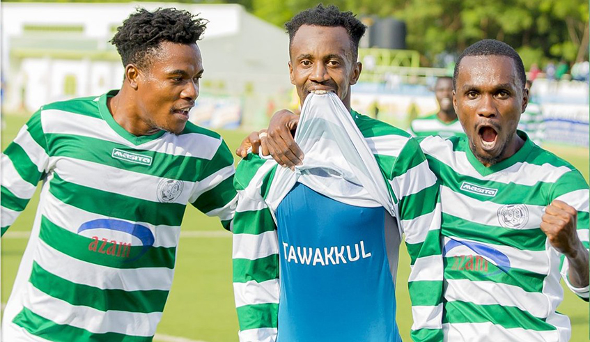 SC Kiyovu players celebrate their first goal during their 2-0 league win against Rayon Sports on Sunday, December 5. The mumena based side is second on the league table. (Courtesy)