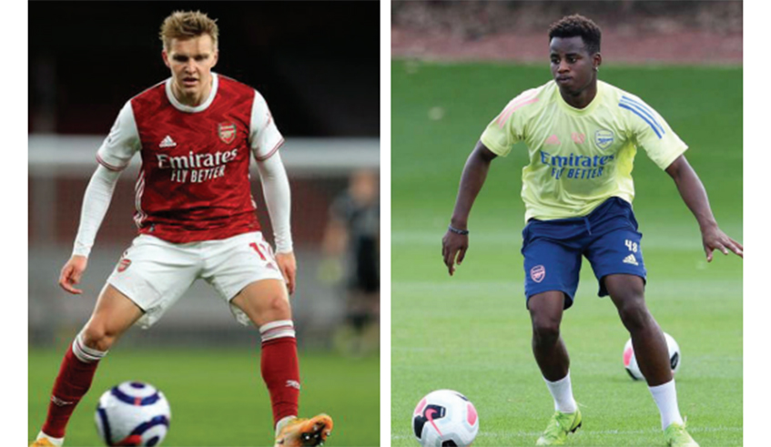Arsenal midfielder Martin Odegaard has backed George Lewis Igaba-Ishimwe Maniraguha (R), a young Rwandan striker to shine in the near future. Maniraguha plays for the Arsenal U-23 team. / Net photo.