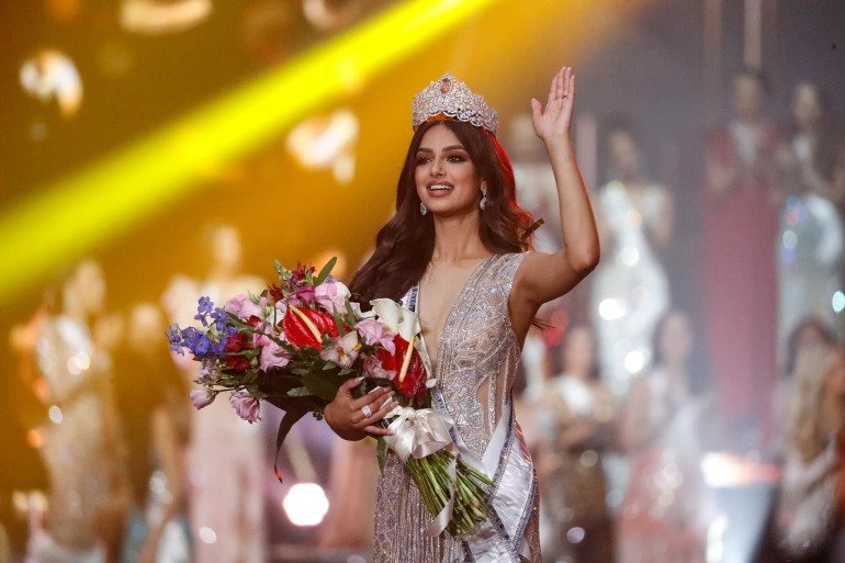 India's Harnaaz Sandhu waves after winning Miss Universe 2021 during the 70th Miss Universe pageant in Eilat, Israel. 