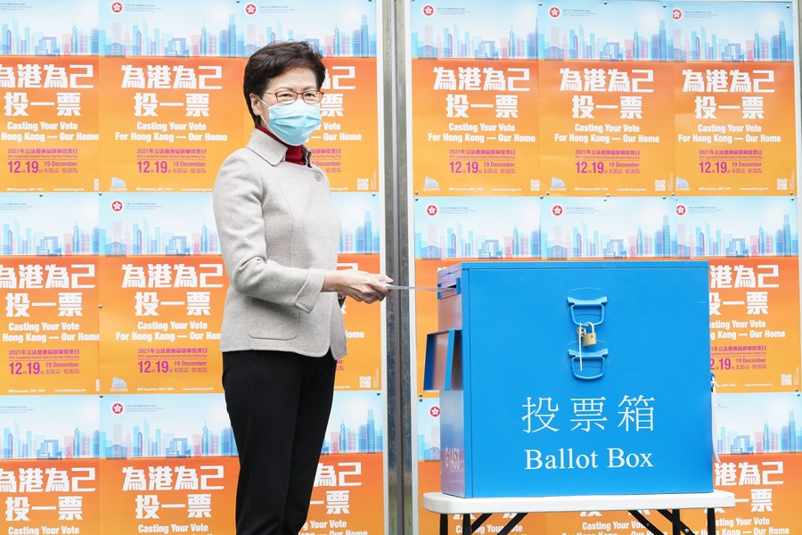 Chief Executive of China's Hong Kong Special Administrative Region (HKSAR) Carrie Lam casts vote in south China's Hong Kong, Dec. 19, 2021. / Xinhua/Lui Siu Wai