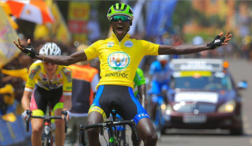 Samuel Mugisha celebrates after crossing the finish-line to win the 2018 Tour du Rwanda in Kigali. No Rwandan has won the race since then. / Photo: File.