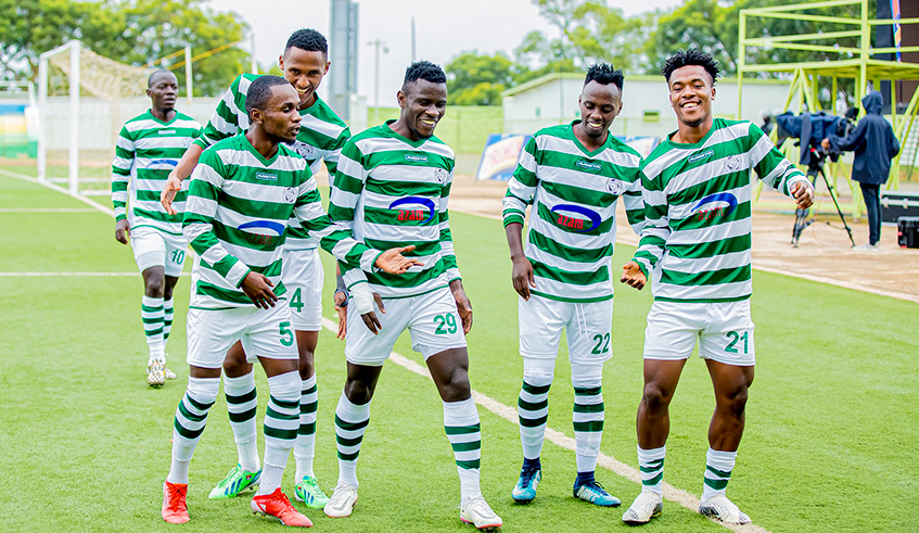 SC Kiyovu players celebrate a goal. Rwanda premier league leaders SC Kiyovu will battle Bugesera FC on Wednesday. / Courtesy
