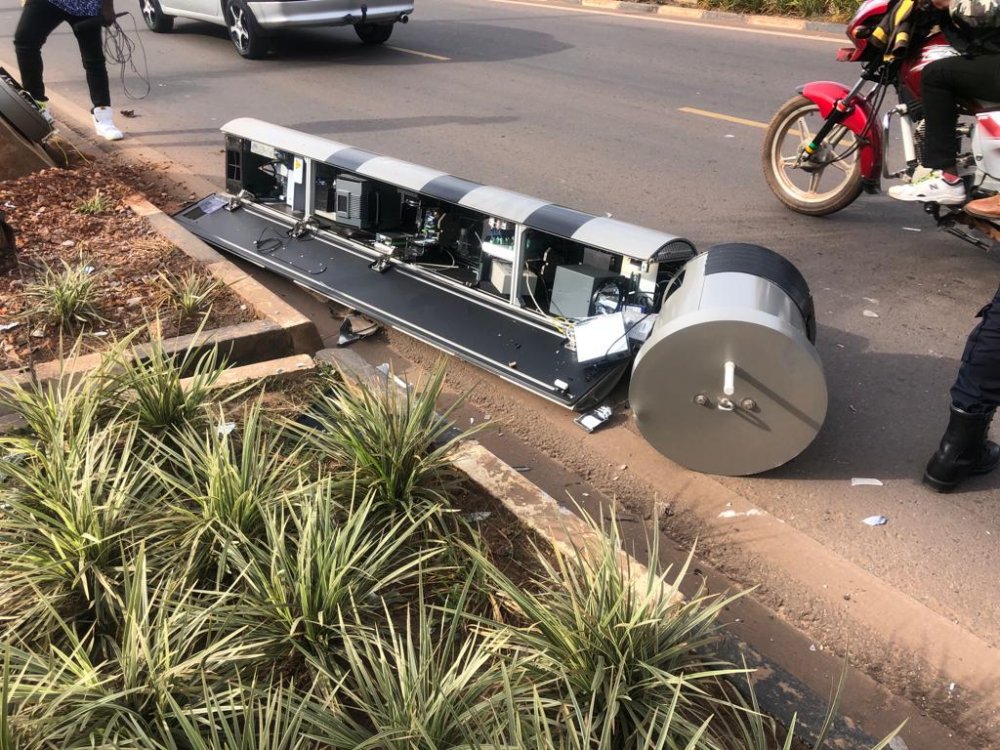 A speed-monitoring camera u2018Sofiau2019 is seen on the ground after it was hit by a car in Kicukiro District, Kigali on January 11, 2022. / Photo: Courtesy.