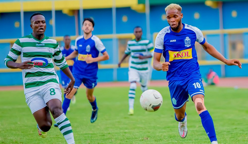 Rayon Sports' Willy Onana (on the ball) and Youssef Rharb (#7 in background) have been a formidable duo for the Blues this season. / Courtesy