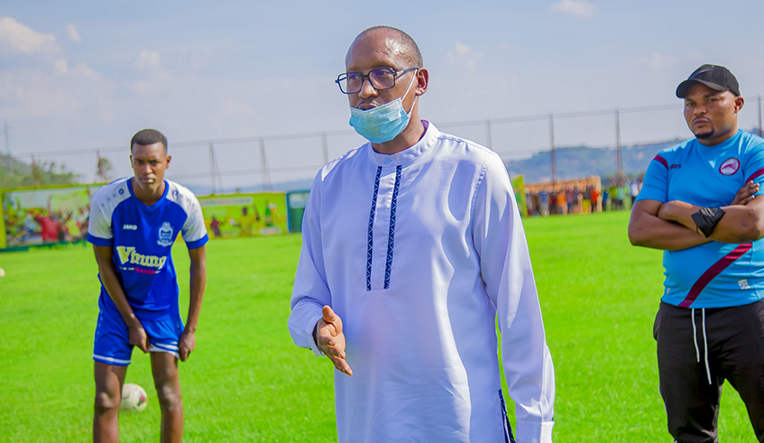 Fidele Uwayezu, the President of Rayon sports, speaks to the team during a past training session. / Courtesy